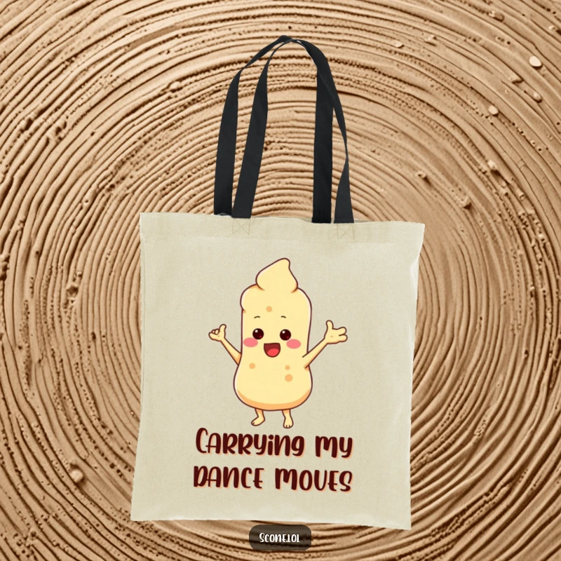 Funny tote bag showcasing a scone character mid-silly dance with tiny arms out, symbolizing fun and lightheartedness.