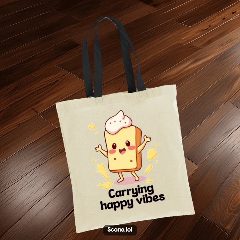 Funny Tote Bag featuring a happy scone character doing a dance with butter splatters, ideal for carrying essentials with a dose of cheer.
