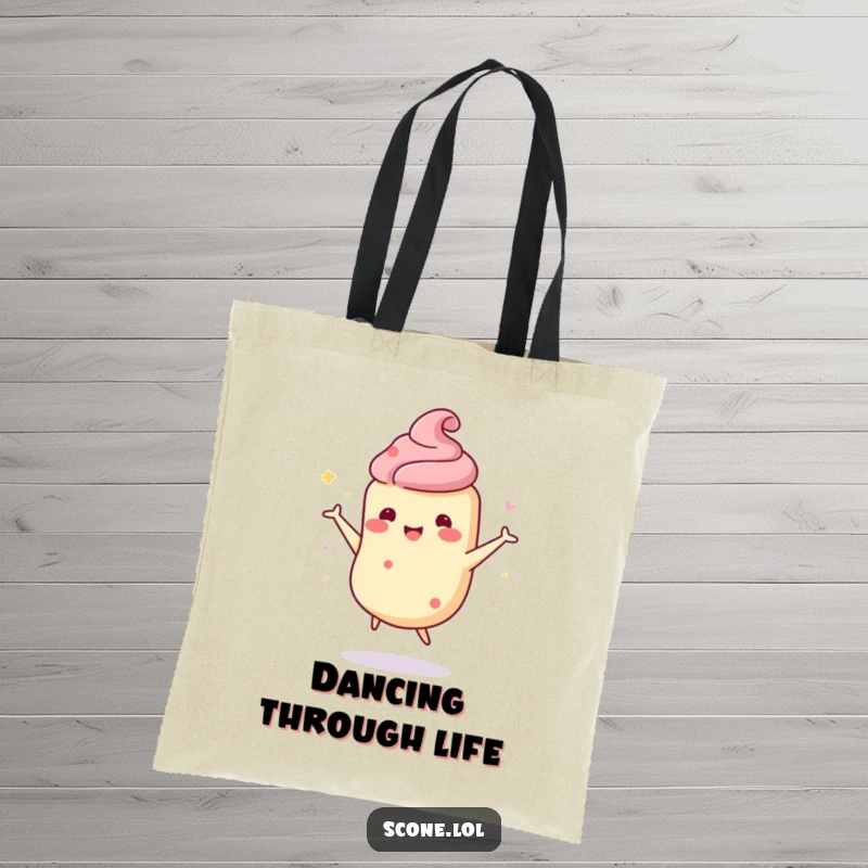 Funny scone character tote bag with a scone doing a wobbly, happy dance, ready to carry your essentials with cheer.