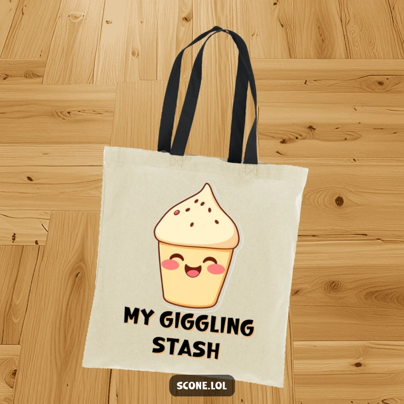 Funny Scone Giggle Tote Bag: A rosy-cheeked scone character giggles happily, making this tote bag a cheerful companion. Funny gift.