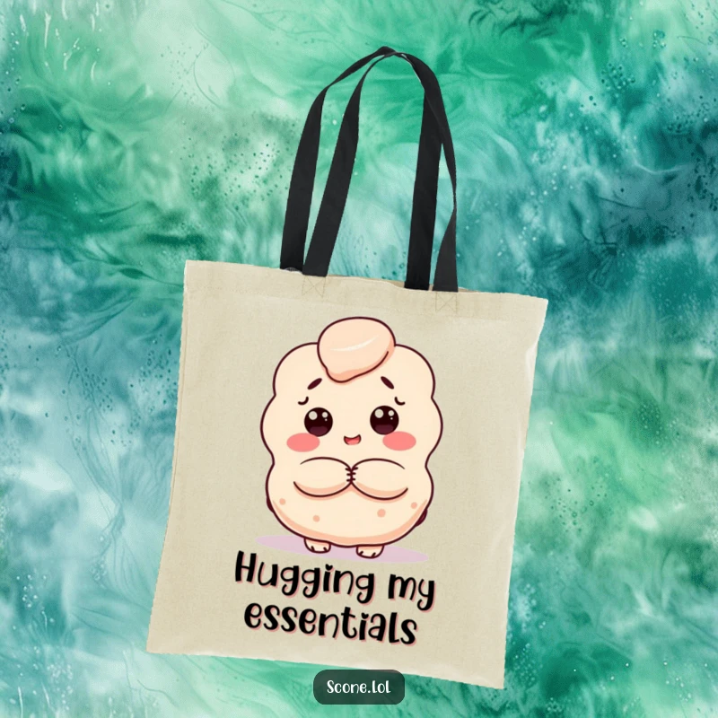 Funny scone tote bag, a baked good character offering a warm hug, perfect for carrying items with affection.