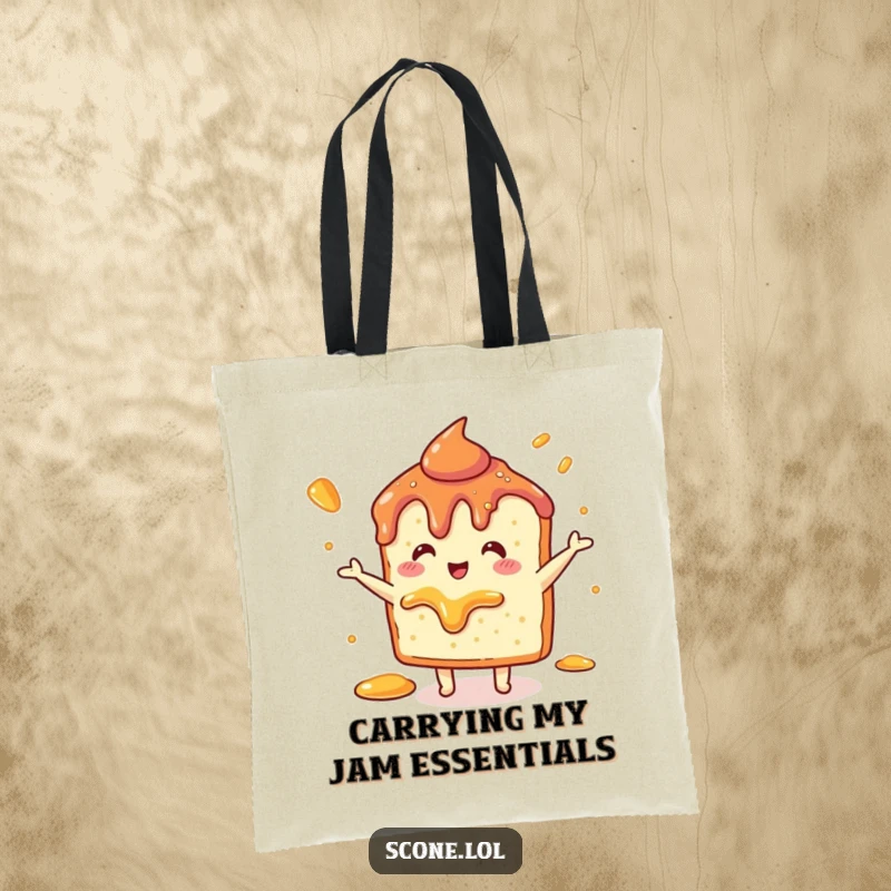 Funny Scone Jam Dance Tote Bag: A scone in a lively dance, jam splatters adding to the fun, on a durable bag.