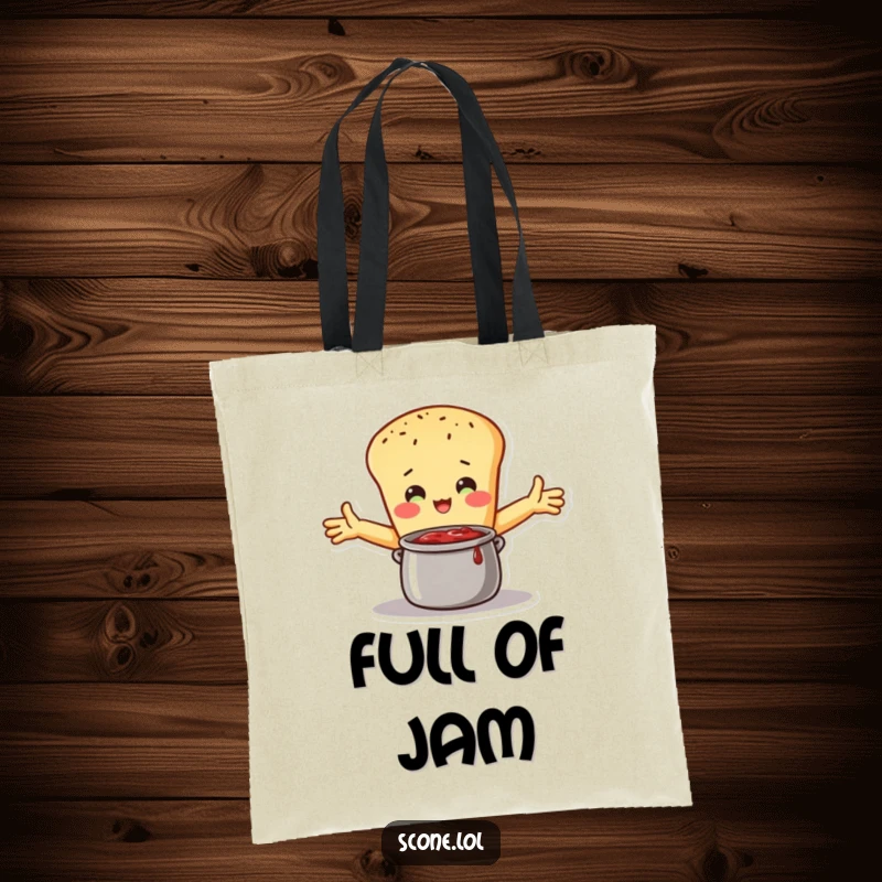 Funny Tote Bag featuring a scone character embracing a pot of jam with open arms, ideal for carrying essentials with a sweet sentiment.
