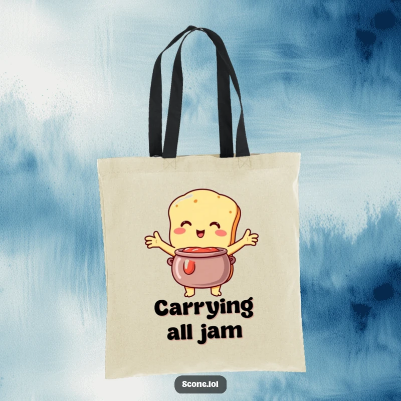 Funny Scone Tote Bag: Featuring a scone character embracing a jam pot, perfect for carrying love and humor.
