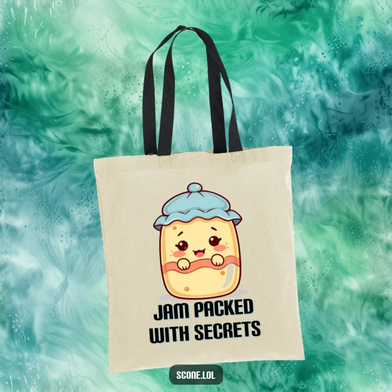 Funny scone character peeking from a jam jar, making a funny face, printed on a sturdy tote bag.