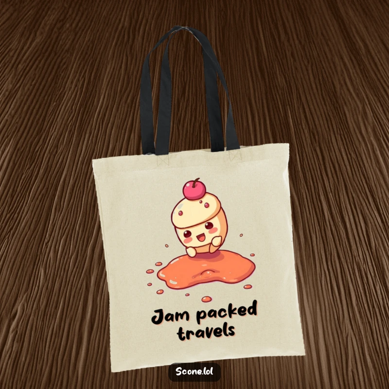 Funny tote bag illustrating a scone character in a dramatic slide across a jam puddle, perfect for carrying essentials with humor.