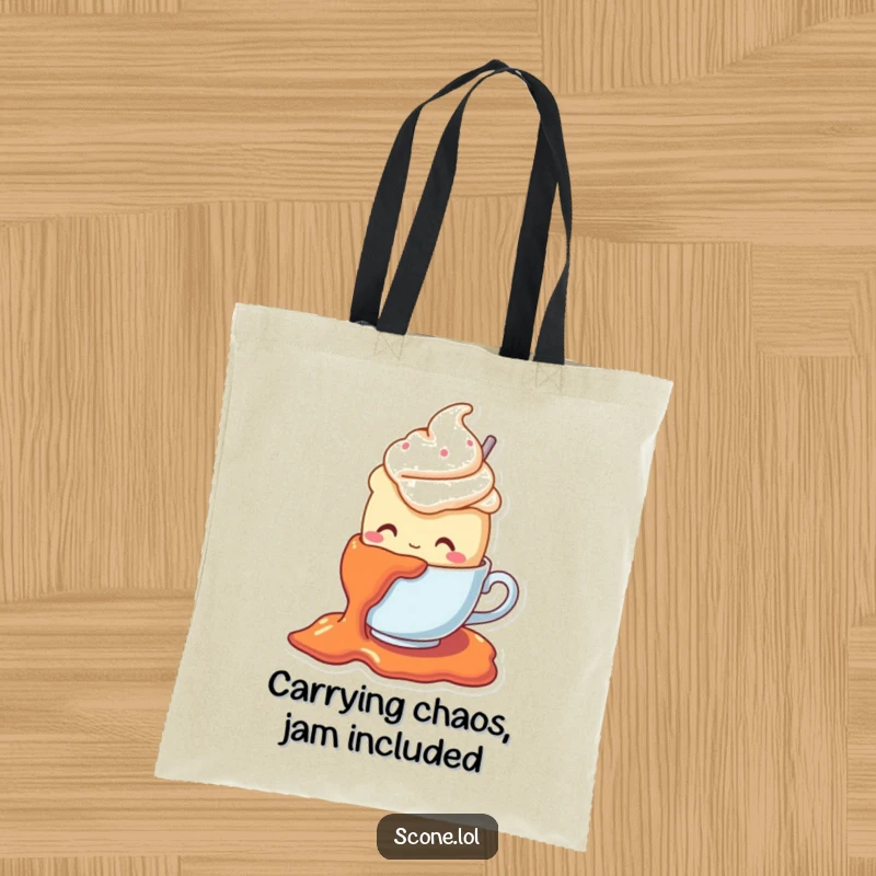 Funny tote bag showing a scone character in a teacup hat losing its footing on spilled jam, perfect for grocery runs.
