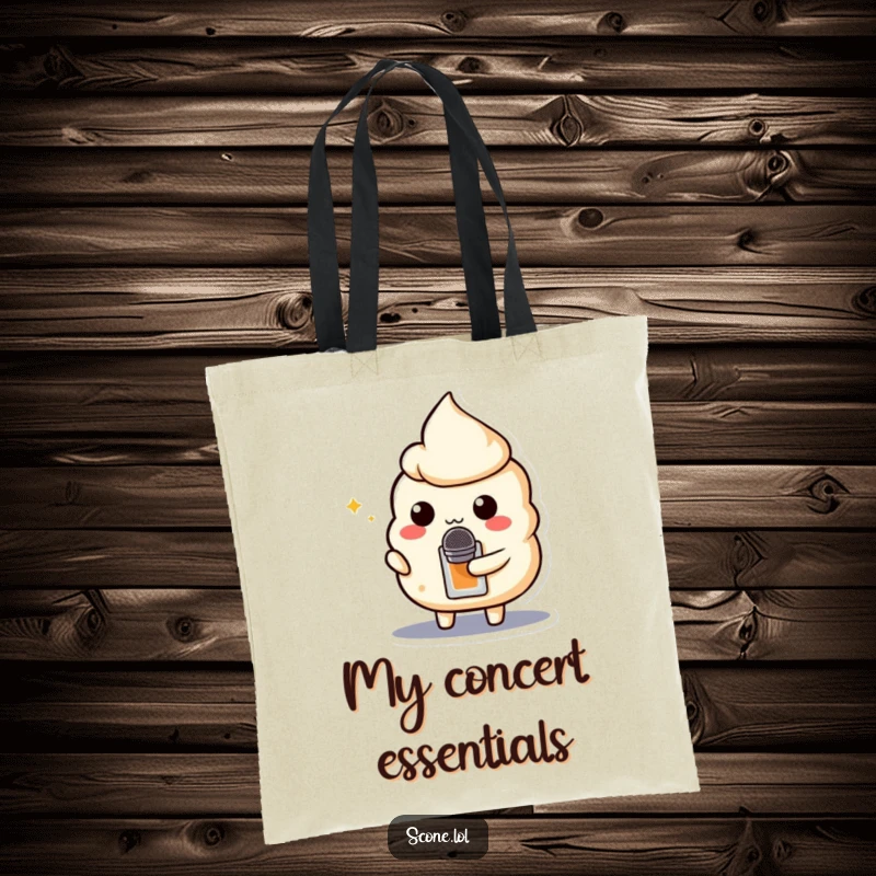 Funny tote bag showcasing a scone character holding a teabag like a microphone, ready for a musical day.
