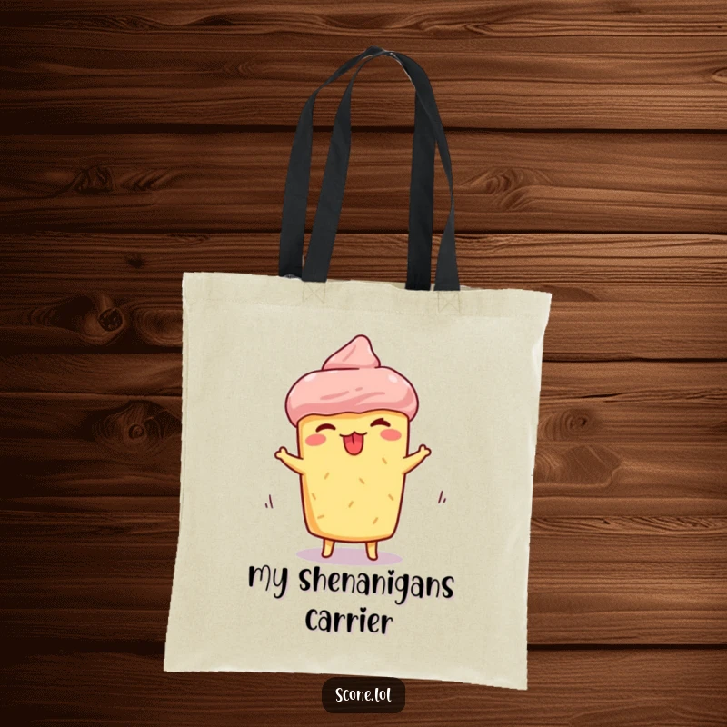 Funny scone tote bag, showing a scone making a silly face with tongue sticking out while spinning, a humorous and practical accessory.