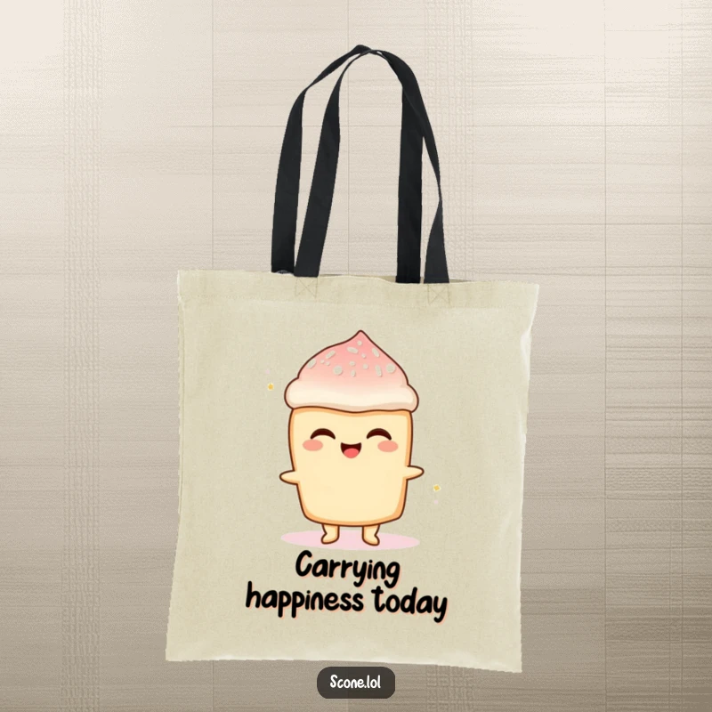Funny Scone Sugar Rush Tote Bag: A sturdy tote showcasing a scone character beaming with delight, dusted with powdered sugar.