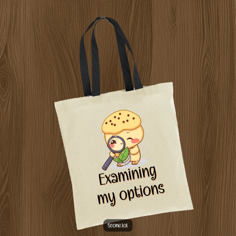 Funny tote bag showing a scone with a magnifying glass over a tea leaf, a humorous accessory for tea lovers.