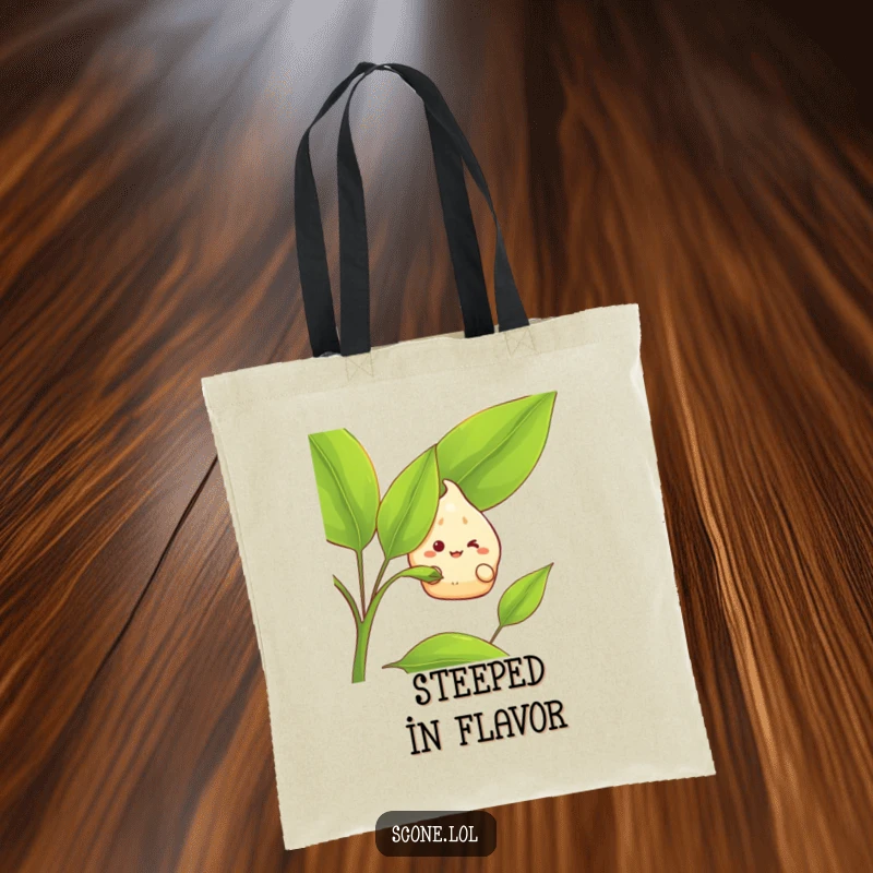 Funny Tote Bag featuring a scone character with a grin peeking from behind a tea leaf, ideal for carrying essentials with humor.