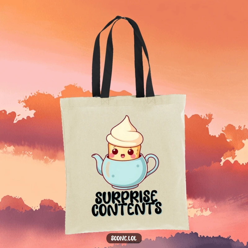 Funny scone teapot surprise tote bag, a scone emerging from a teapot with a surprised expression, a humorous and practical carry-all.