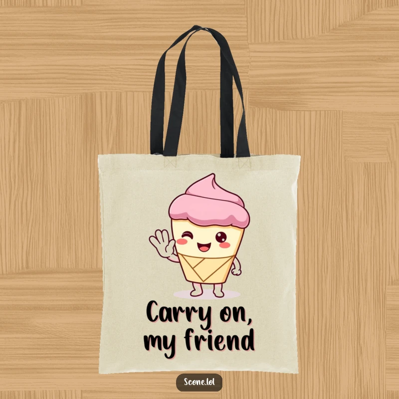 Funny Tote Bag with a scone character offering a polite wave, ideal for carrying items with a friendly and sweet disposition.