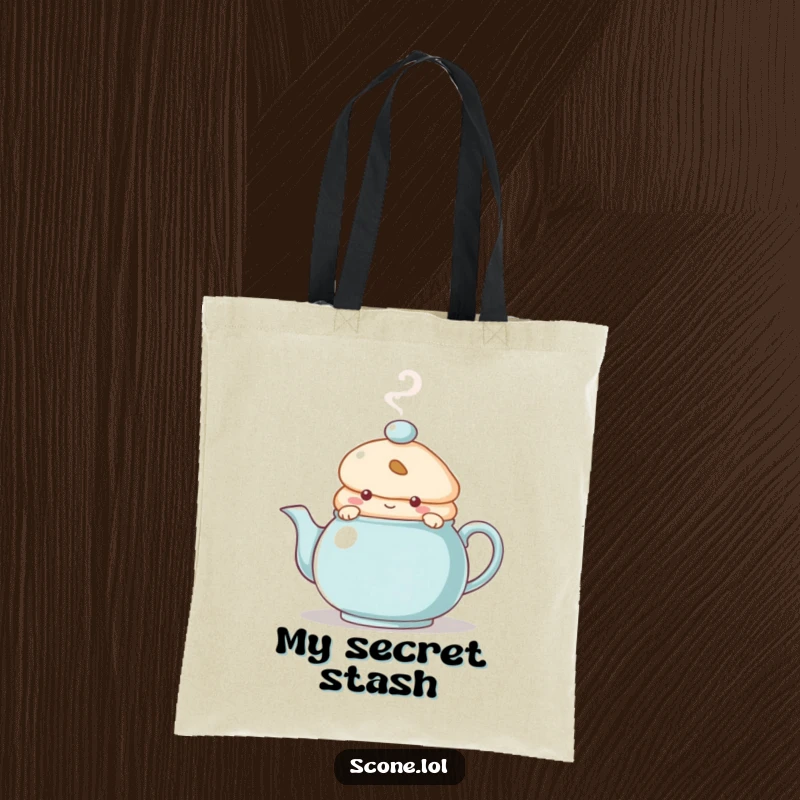 Funny Tote Bag with a scone character peeking from behind a steaming teapot, ideal for carrying items with a touch of baked mystery.