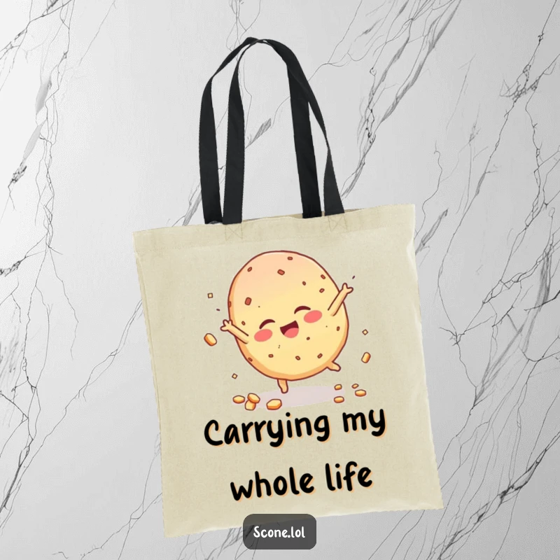 Funny Scone Character Tote Bag, giggling and cartwheeling, with crumbs flying, a vibrant and fun accessory.