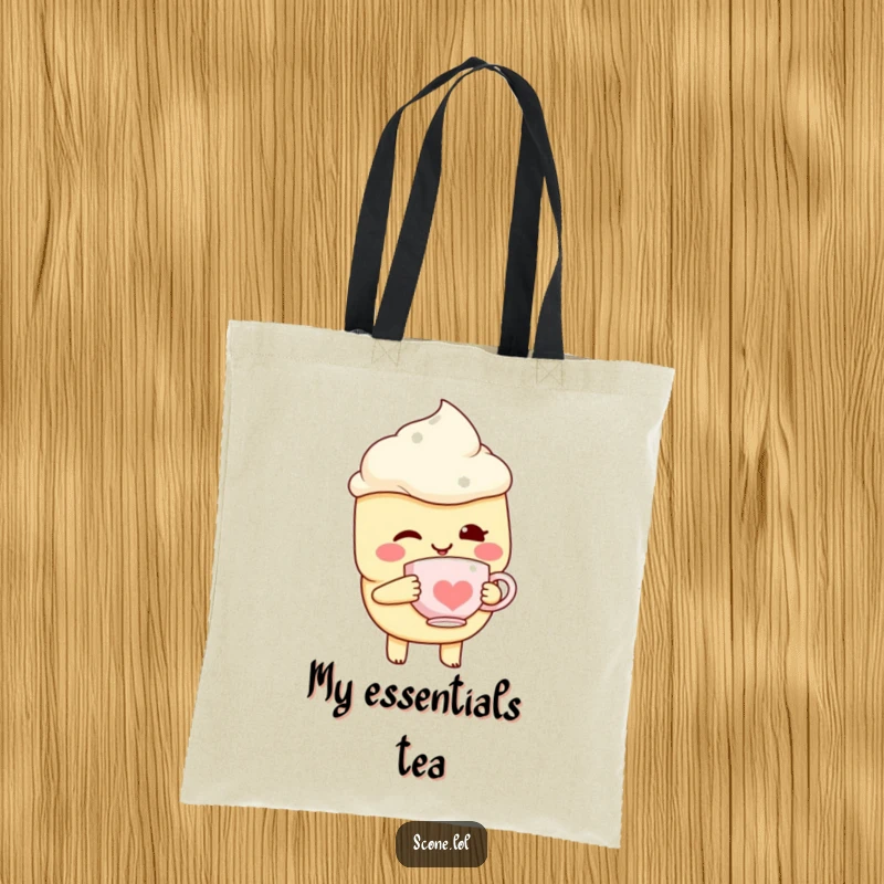 Funny Scone Character Tote Bag, winking slyly, holding a tiny teacup, a practical and stylish accessory.
