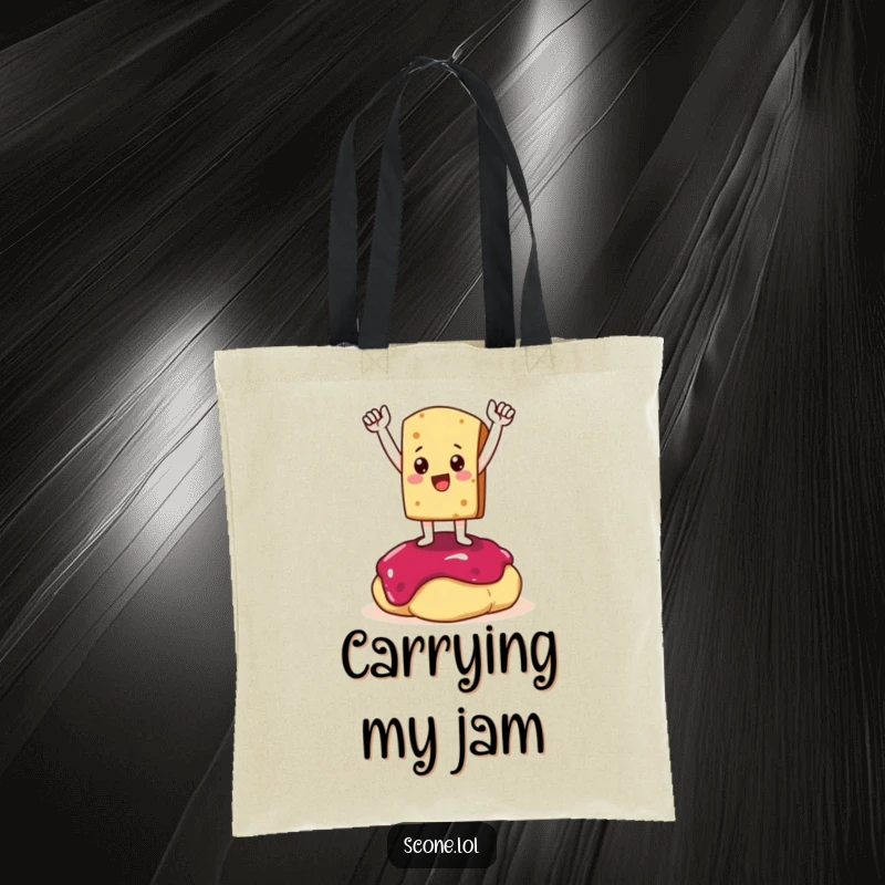 Funny Tote Bag featuring a scone character in a triumphant pose atop a dollop of jam, ideal for carrying essentials with a sense of victory.