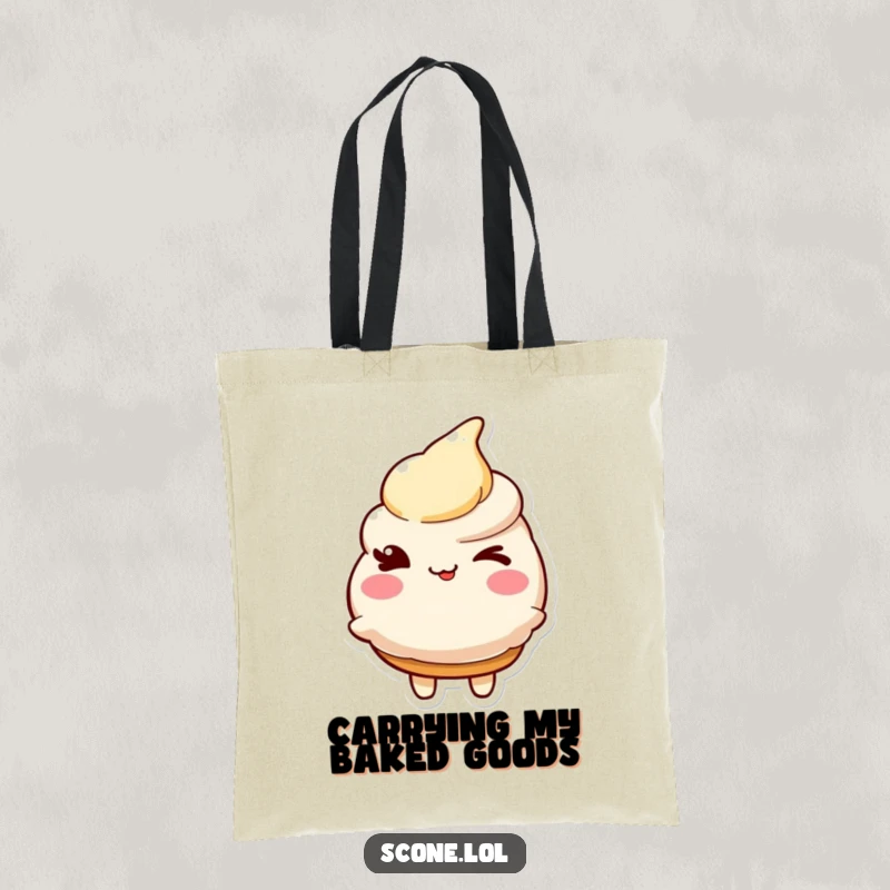 Funny tote bag showcasing a charming scone character giving a friendly wink; perfect for carrying daily essentials with flair.