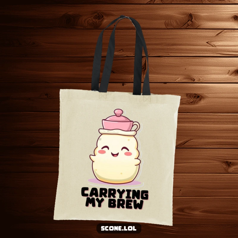 Funny tote bag featuring a scone character wearing a tiny teacup as a hat, grinning with charming tea party style.
