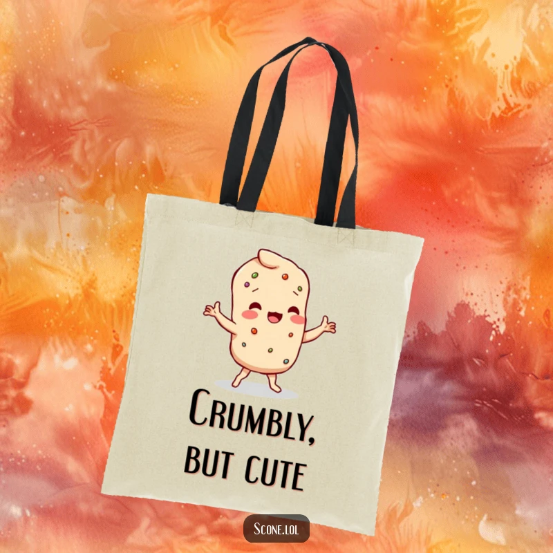 Funny scone character doing a humorous wobbly dance with crumbly limbs, on a practical tote bag.