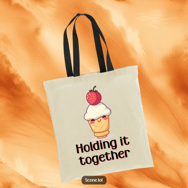 Funny scone tote bag showing a smiling scone balancing a wobbly berry on top, perfect for errands and as a funny gift.