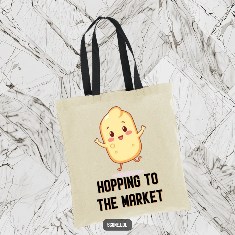 Funny scone with crumbly legs hopping energetically on a durable tote bag, ideal for errands and daily use.