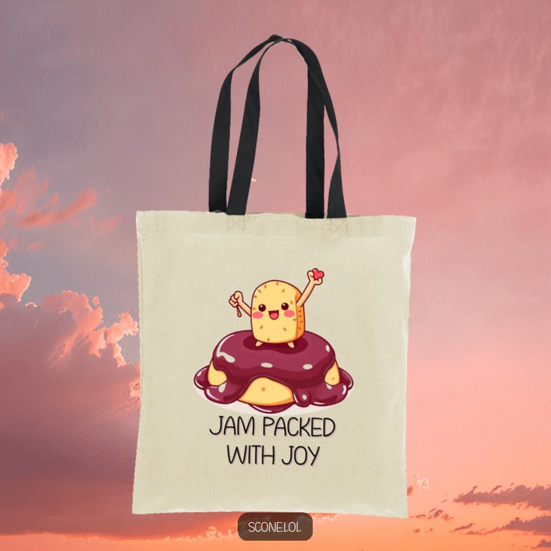 Funny Scone Tote Bag: Featuring a triumphant scone character posing on jam, perfect for carrying victories humorously.