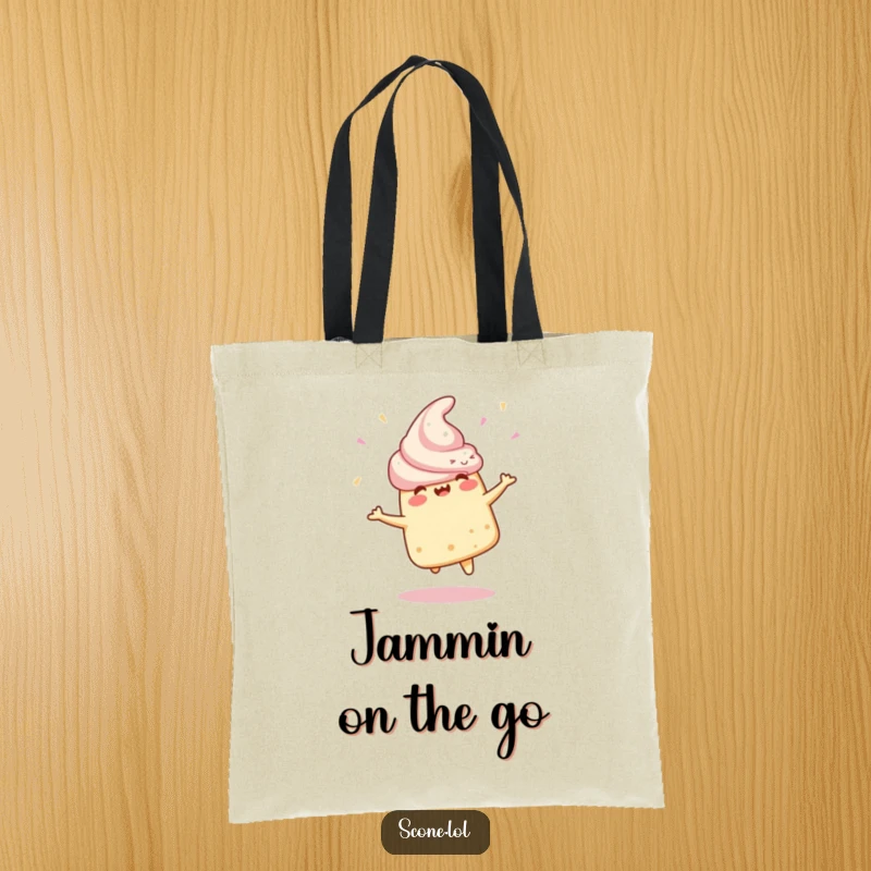 Funny Tote Bag with a scone character in a celebratory spin, ideal for carrying groceries or party supplies with a festive vibe.