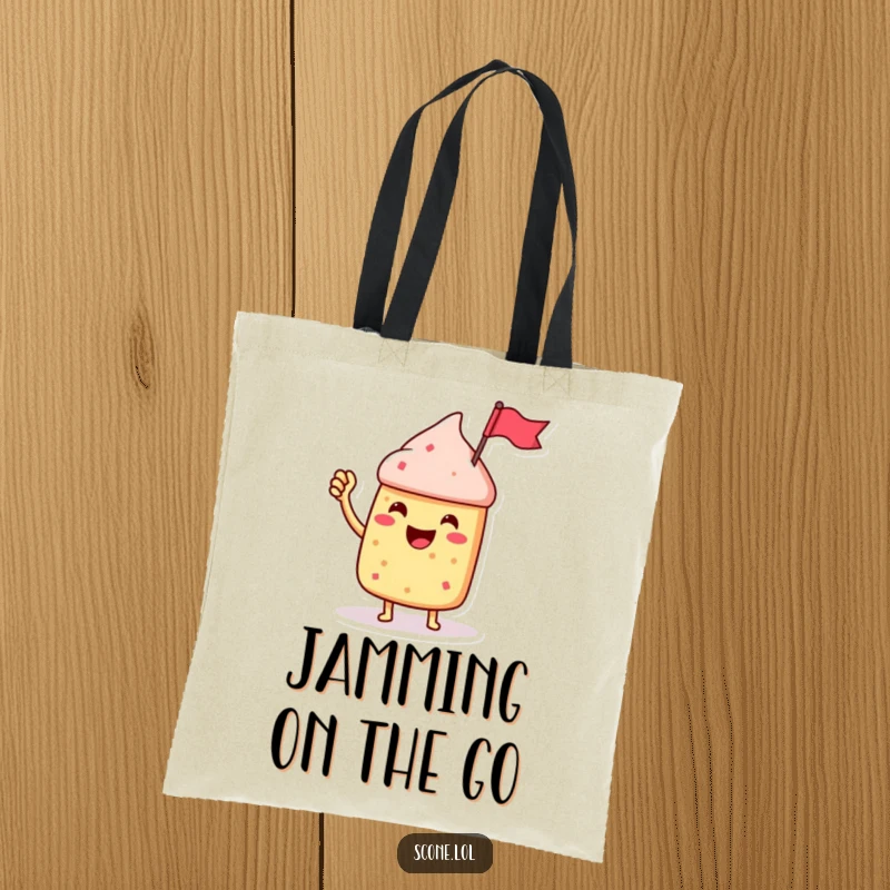 Funny Scone Character Tote Bag, waving a jam jar flag with excitement, a vibrant and joyful accessory.