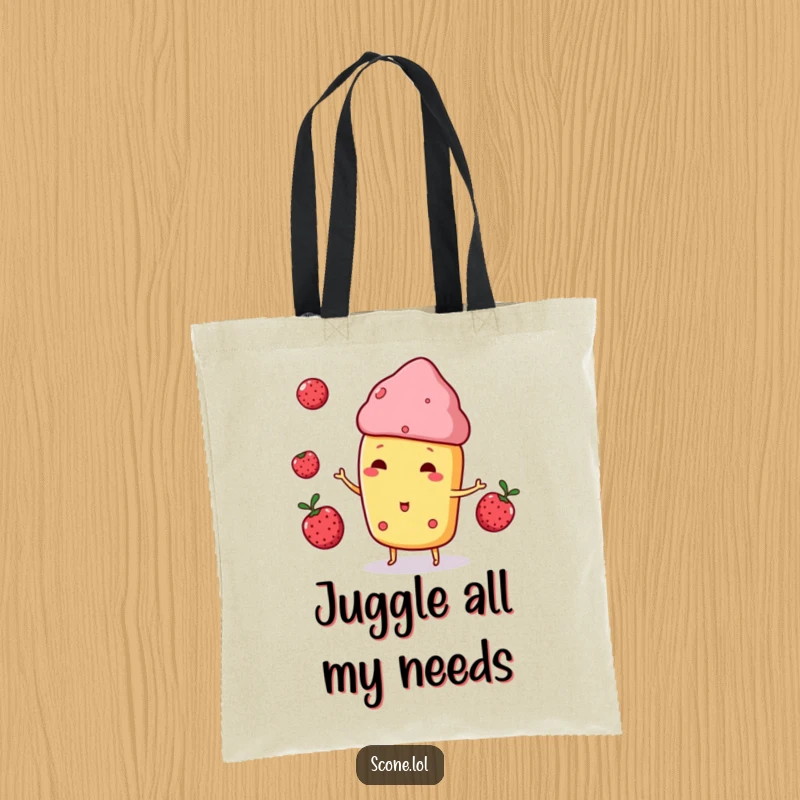 Funny Scone Character Tote Bag, playfully juggling three berries, a vibrant and fun accessory for carrying essentials.