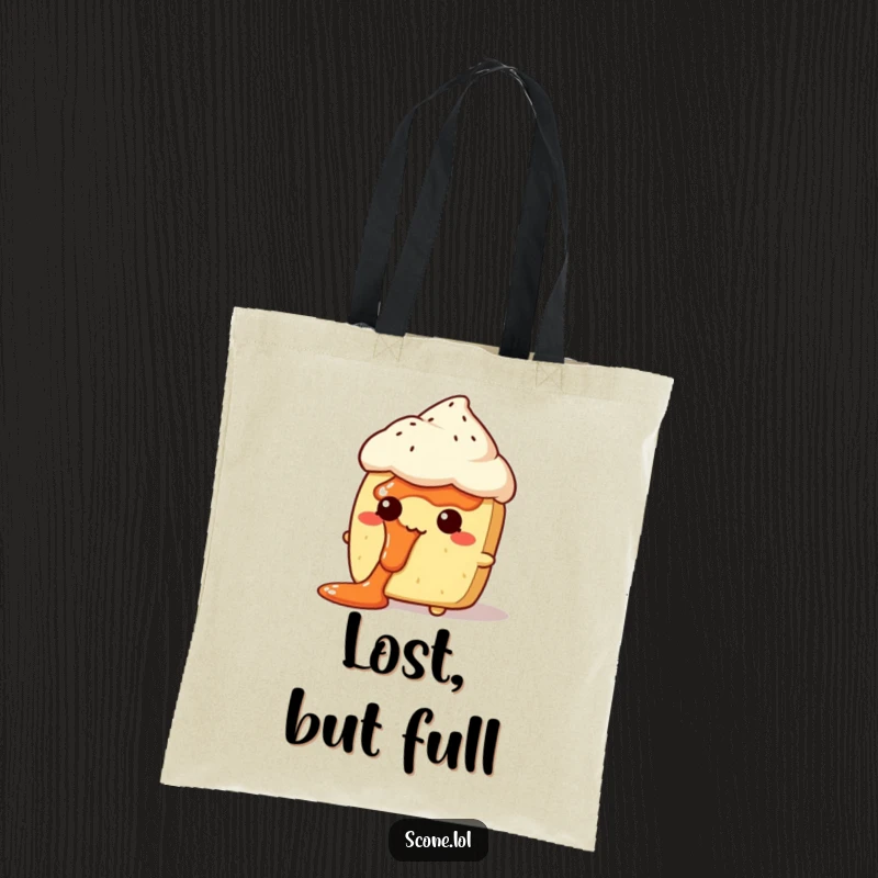 Funny Jam Face Scone Tote Bag: A sturdy tote showcasing a scone character looking comically bewildered, with jam smeared on its face.