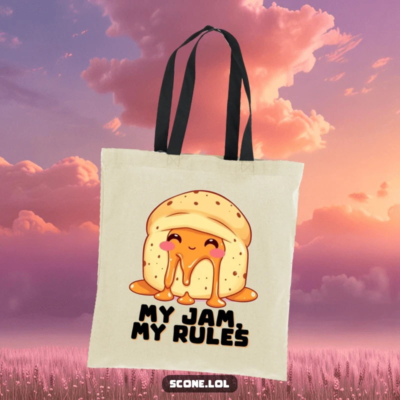 Funny scone with jam dripping, looking delighted with itself on a durable tote bag, great for shopping.