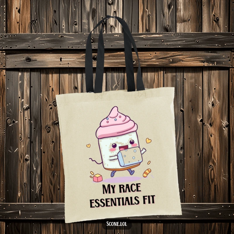 Funny tote bag depicting a scone character playfully racing a sugar cube, perfect for carrying daily items with a winning flair.