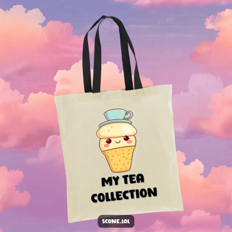 Funny scone with a tiny teacup hat smiling on a durable tote bag, perfect for carrying treats and tea essentials.