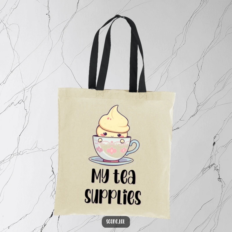 Funny tote bag showcasing a cheeky scone character peeking from behind a teacup graphic, ready for charming adventures.