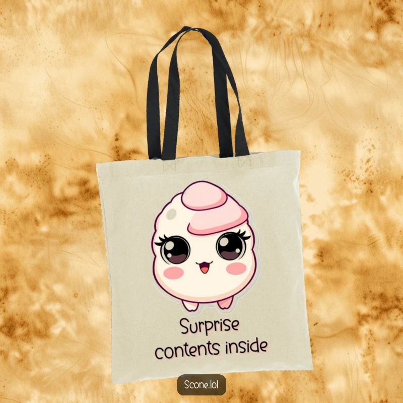 Funny tote bag showcasing a scone character with wide, circular eyes in a state of utter, comical surprise.