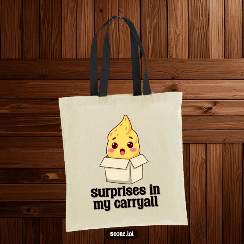 Funny scone tote bag, a baked good with a surprised face peeking from a box, a humorous and practical accessory.