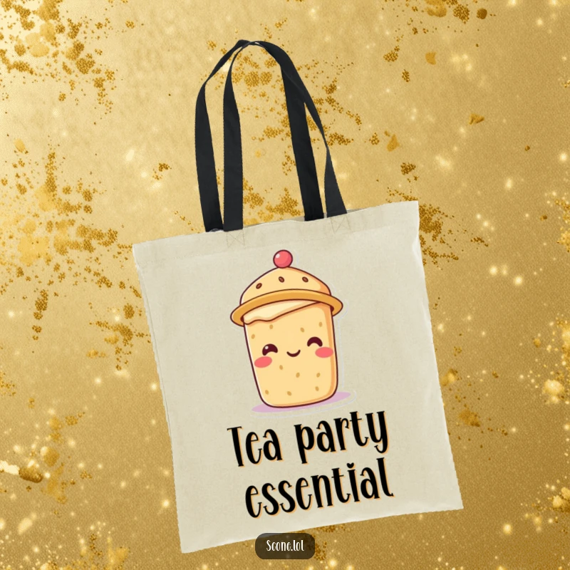 Smiling scone character wearing a tiny tea hat, printed on a durable and humorous tote bag.