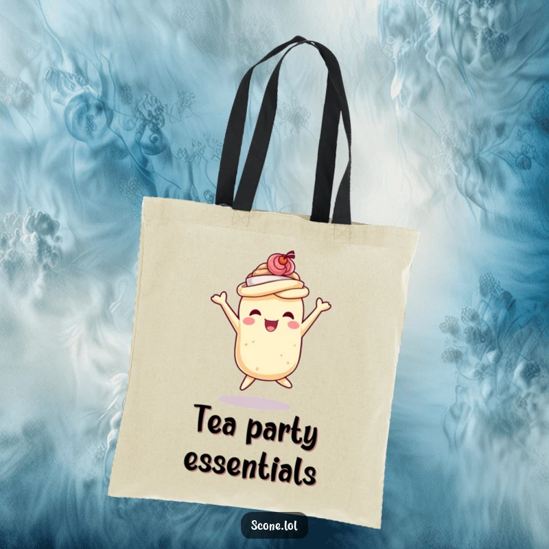 Funny scone tote bag featuring a scone in a teacup hat jumping with delight, ideal for shopping and as a funny gift.