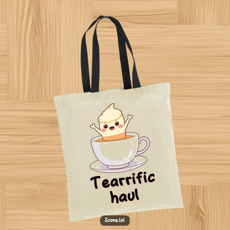 Funny scone character leaping into a steaming cup of tea, on a durable and charming tote bag.