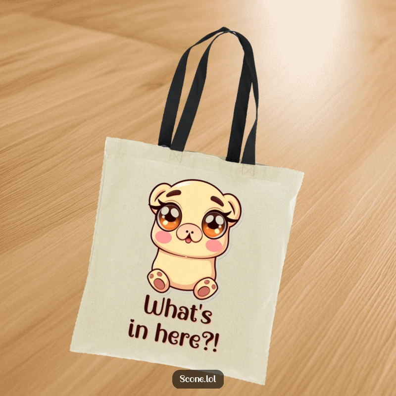 Funny Tote Bag showcasing a scone character with wide, surprised eyes, ideal for carrying items with a touch of baked astonishment.